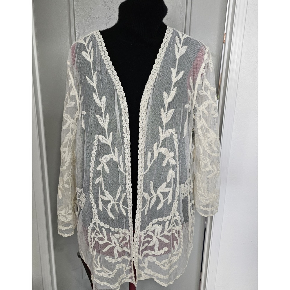 Nina Leonard Womens XL Ivory Embroidered Lace Mesh Open Front Cardigan Boho NWT
